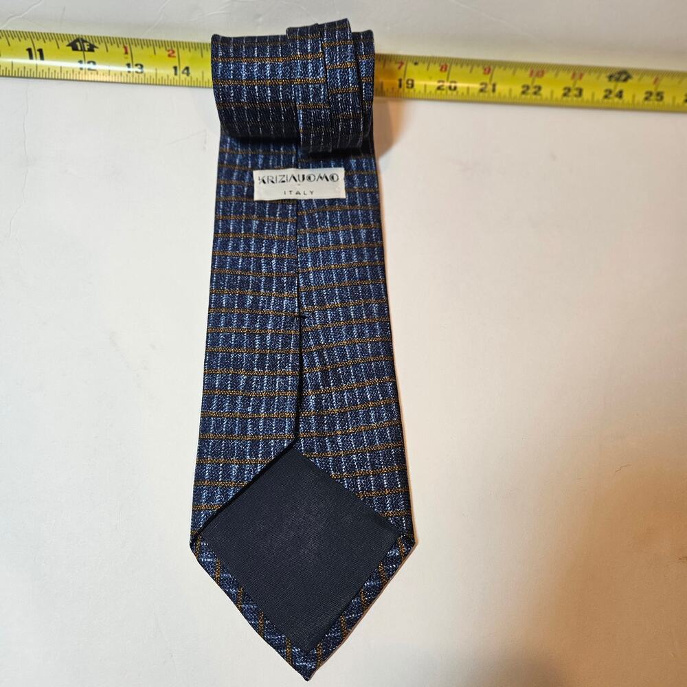 Vintage Krizia Uomo Italian Silk Tie: Blue & Gold Horizontal Grid Weave.
